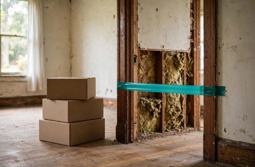Teal tape marks off exposed insulation beside stacked moving boxes in an older home.