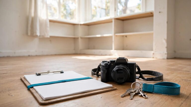 A clipboard, camera, and keys sit in a sunlit empty living room.
