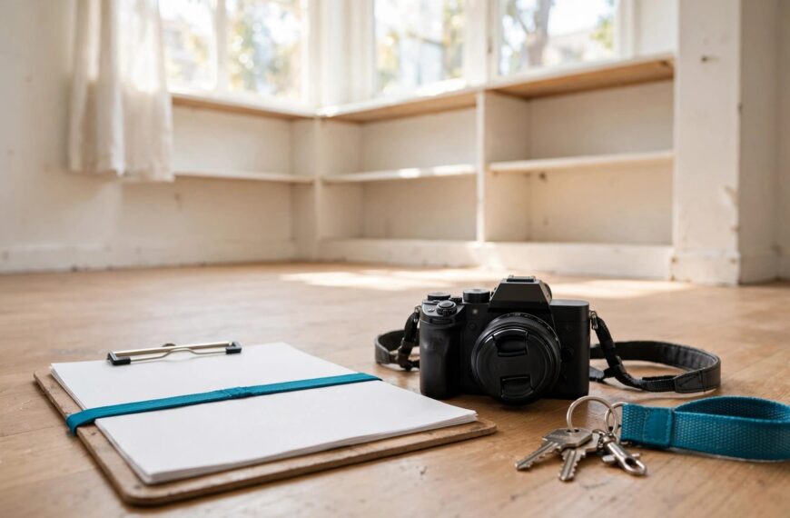 A clipboard, camera, and keys sit in a sunlit empty living room.