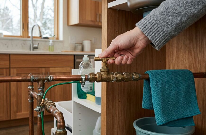 A hand turns a water valve beneath a kitchen sink in an empty home.
