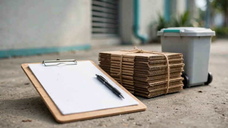A blank clipboard and pen beside a wheeled bin and stacked cardboard.