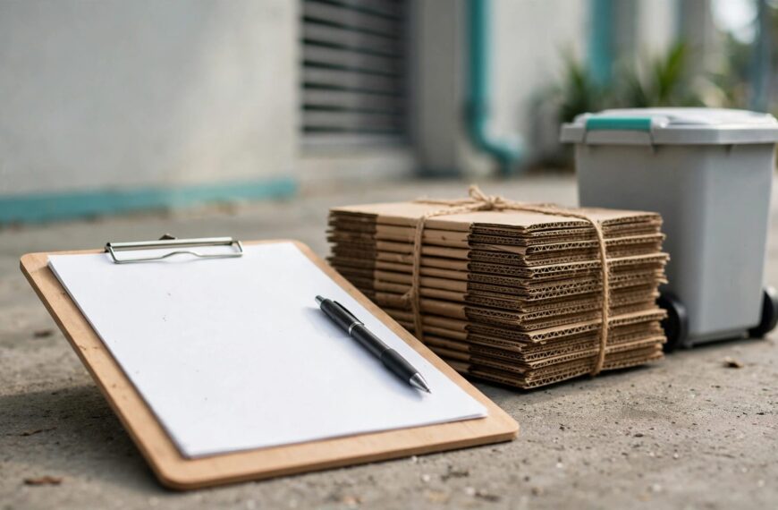 A blank clipboard and pen beside a wheeled bin and stacked cardboard.