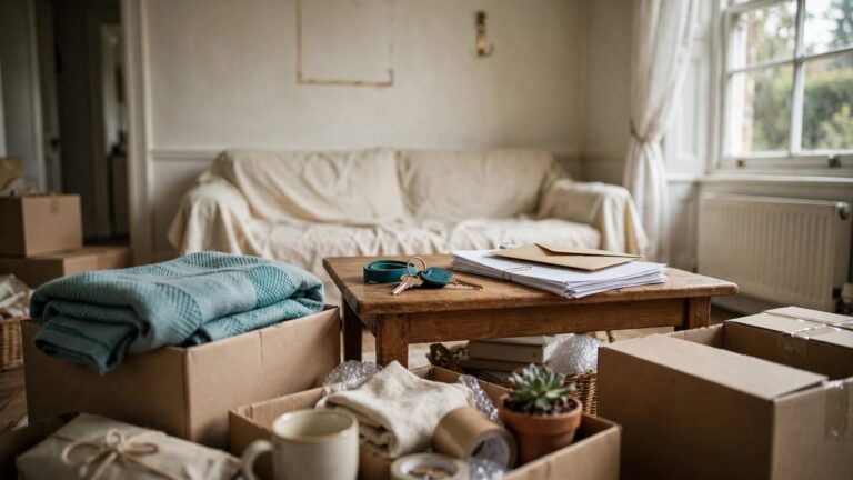 Cardboard boxes and household items fill a living room beside a table with a key and paperwork.