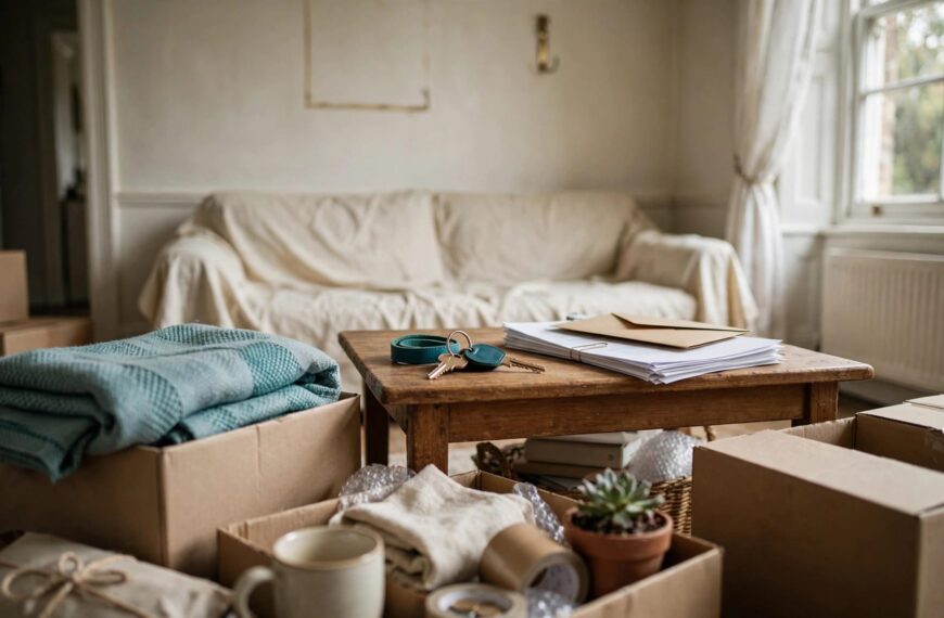 Cardboard boxes and household items fill a living room beside a table with a key and paperwork.