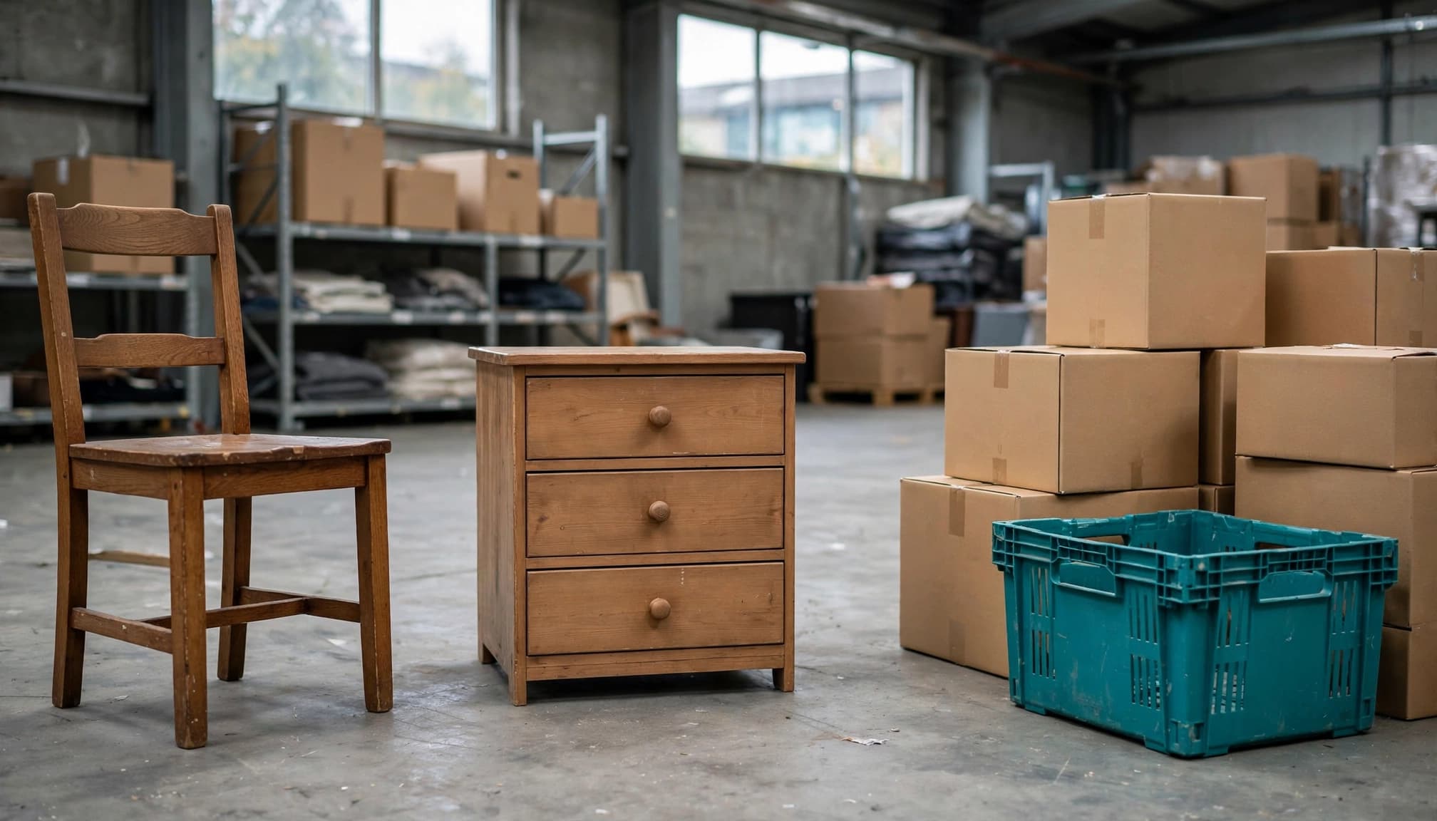 A chair, chest of drawers, boxes, and teal crate arranged in a warehouse.