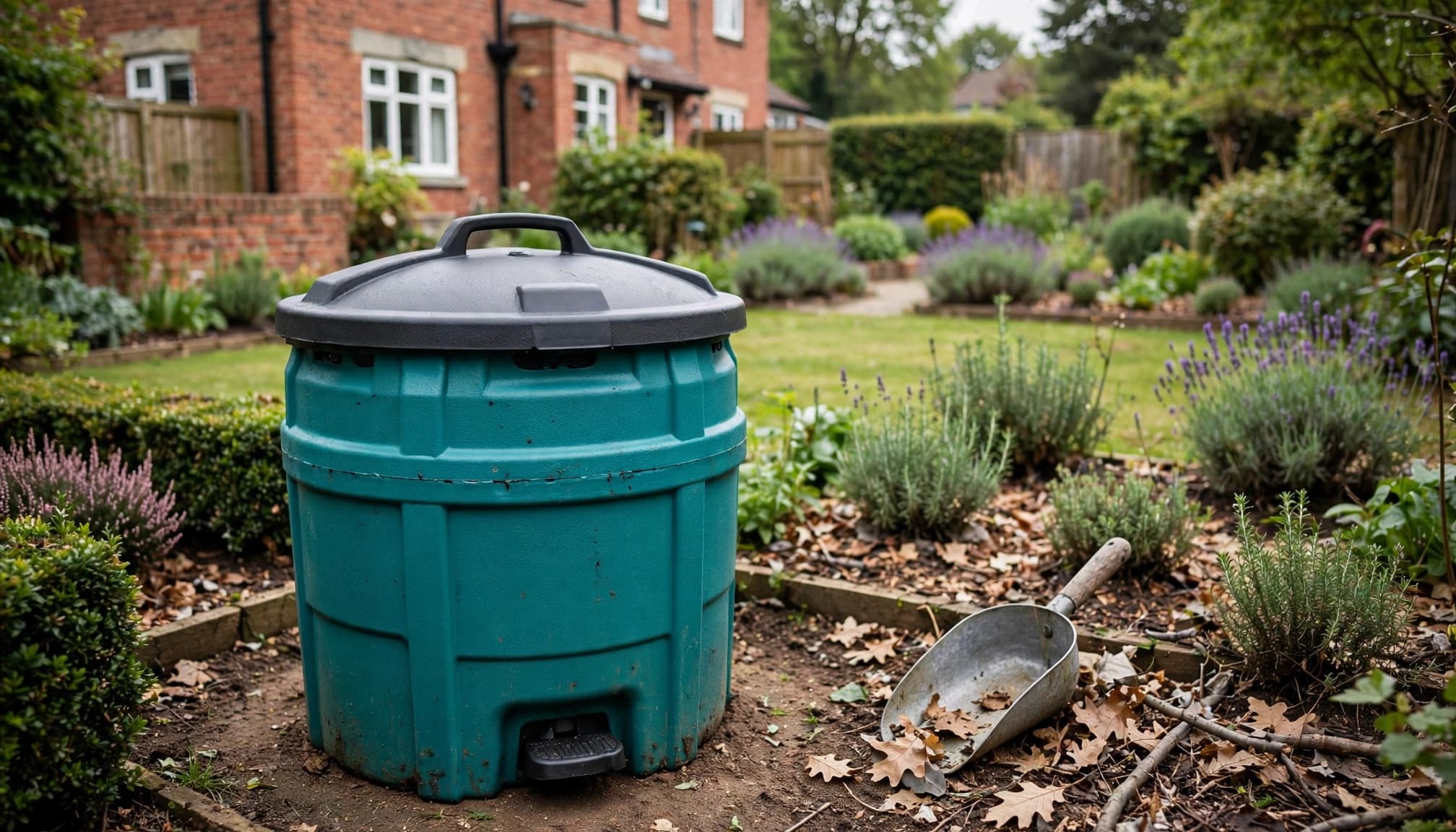 A teal pet-waste digester with a black lid in a British garden with a scoop nearby.