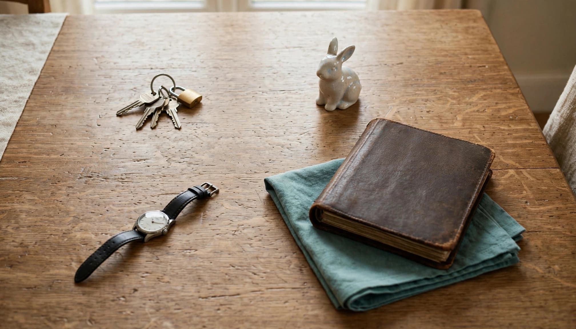 A wristwatch, a set of keys, a ceramic rabbit ornament, and a closed leather book on a wooden table.
