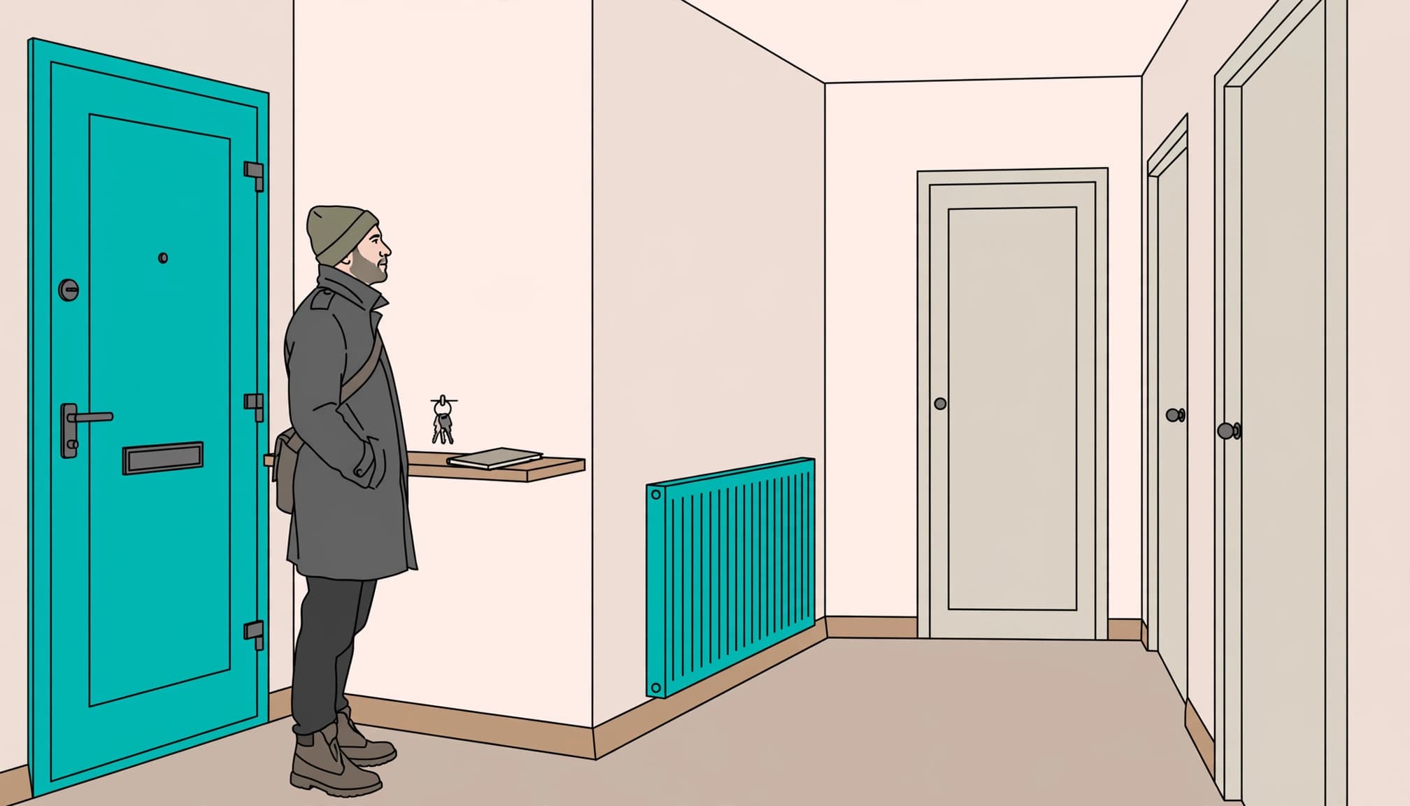 A landlord checks an empty hallway with a radiator, closed doors, and a notebook on a shelf.