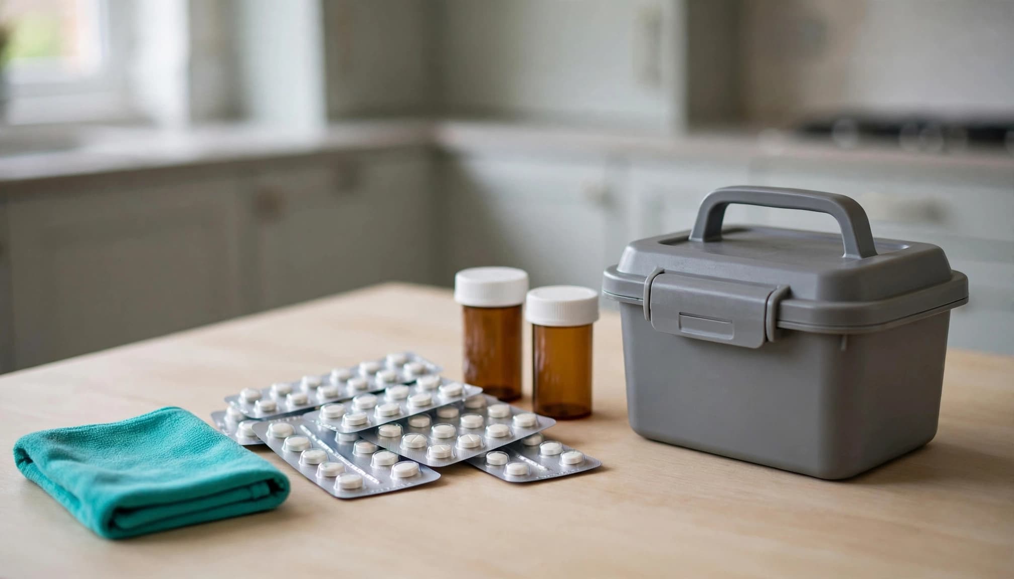 Prescription medicine packets, brown bottles, and a gray storage box on a kitchen counter.