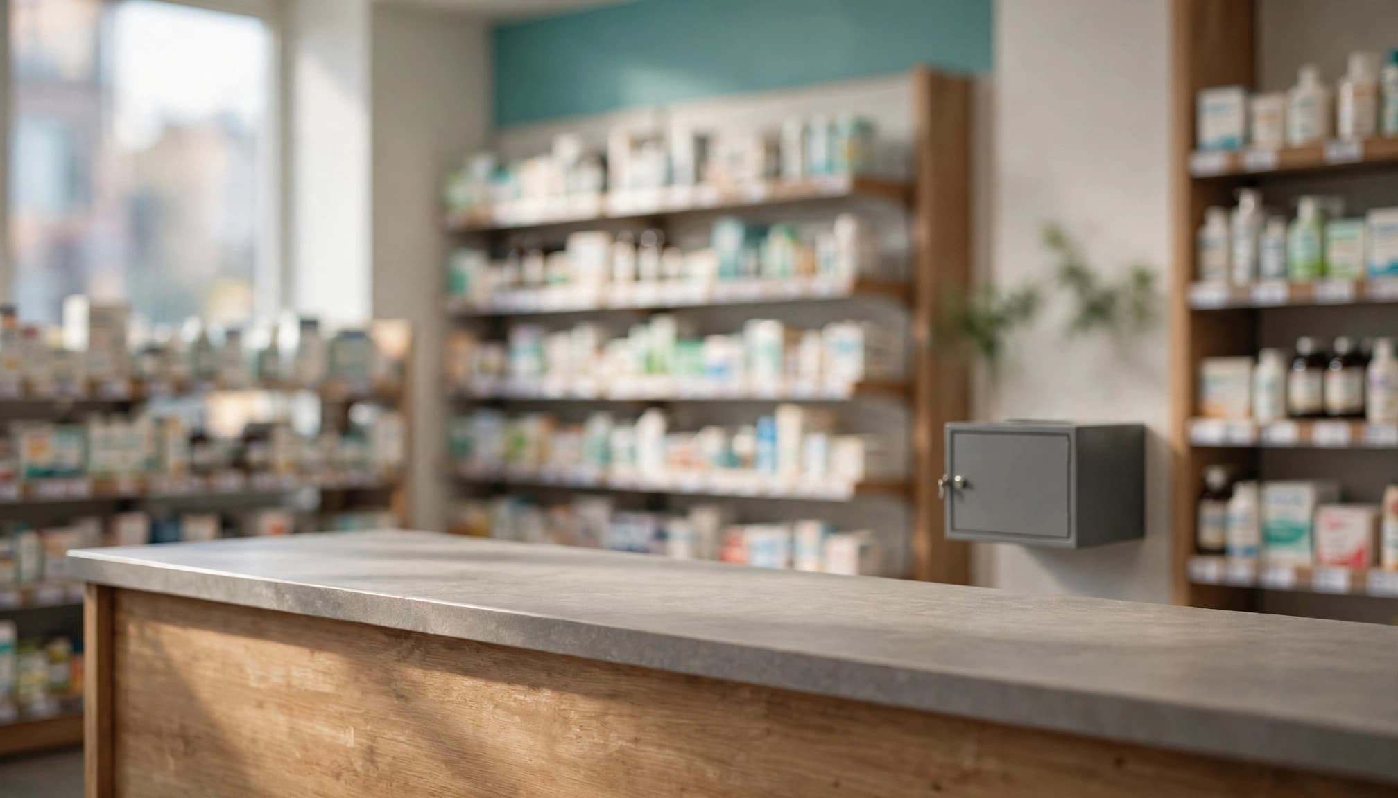 A clean pharmacy counter with a secure drop box on the wall behind it and blurred shelves.