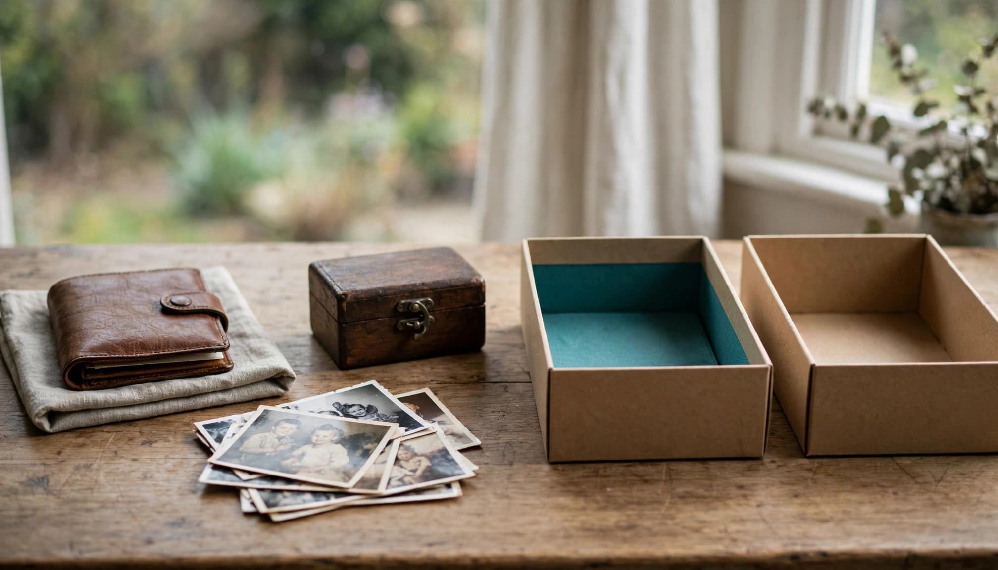 A document wallet, family photos, jewellery box, and paper boxes arranged on a dining table.