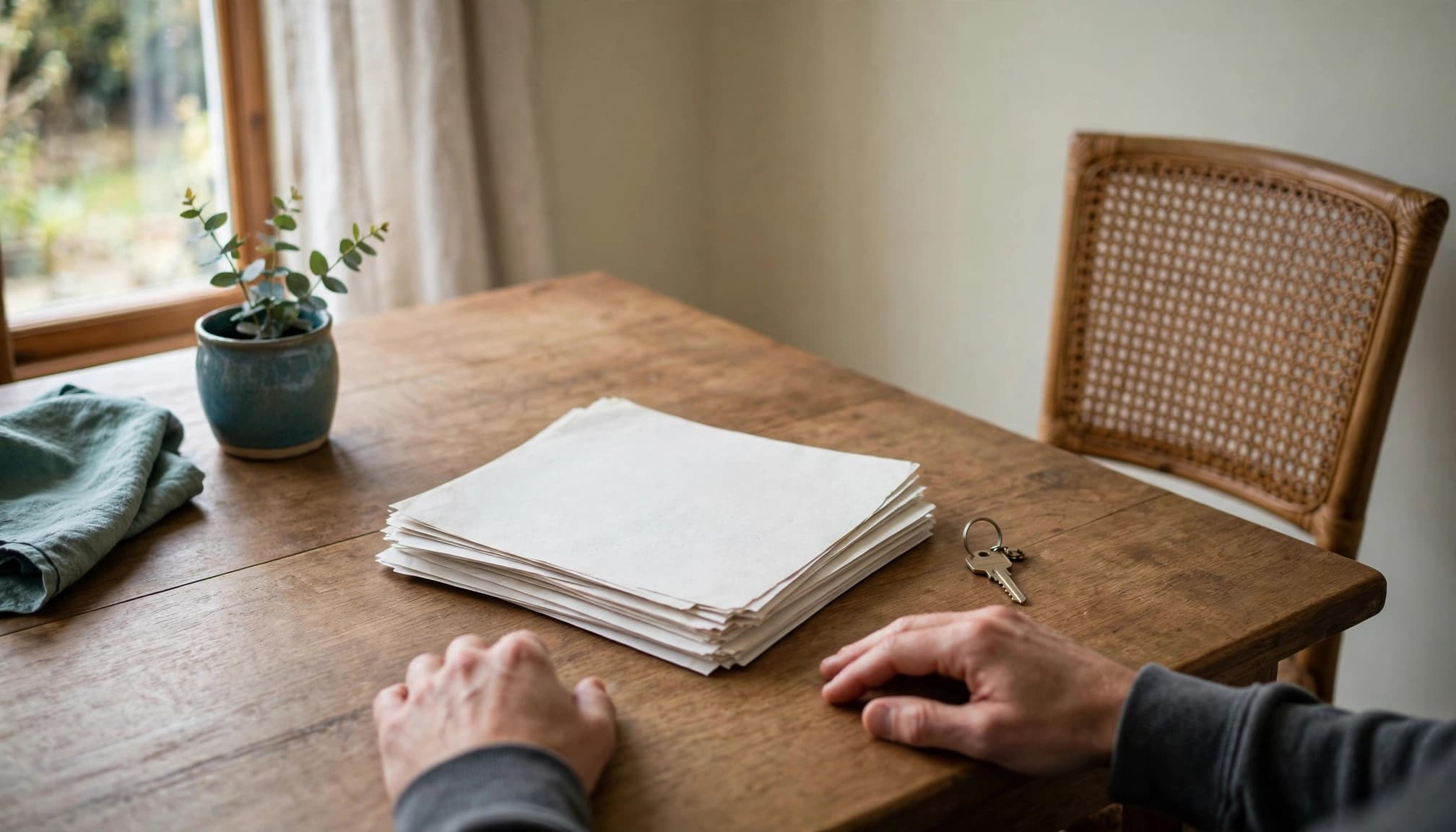 An executor sits beside council letters and a house key at a wooden table.