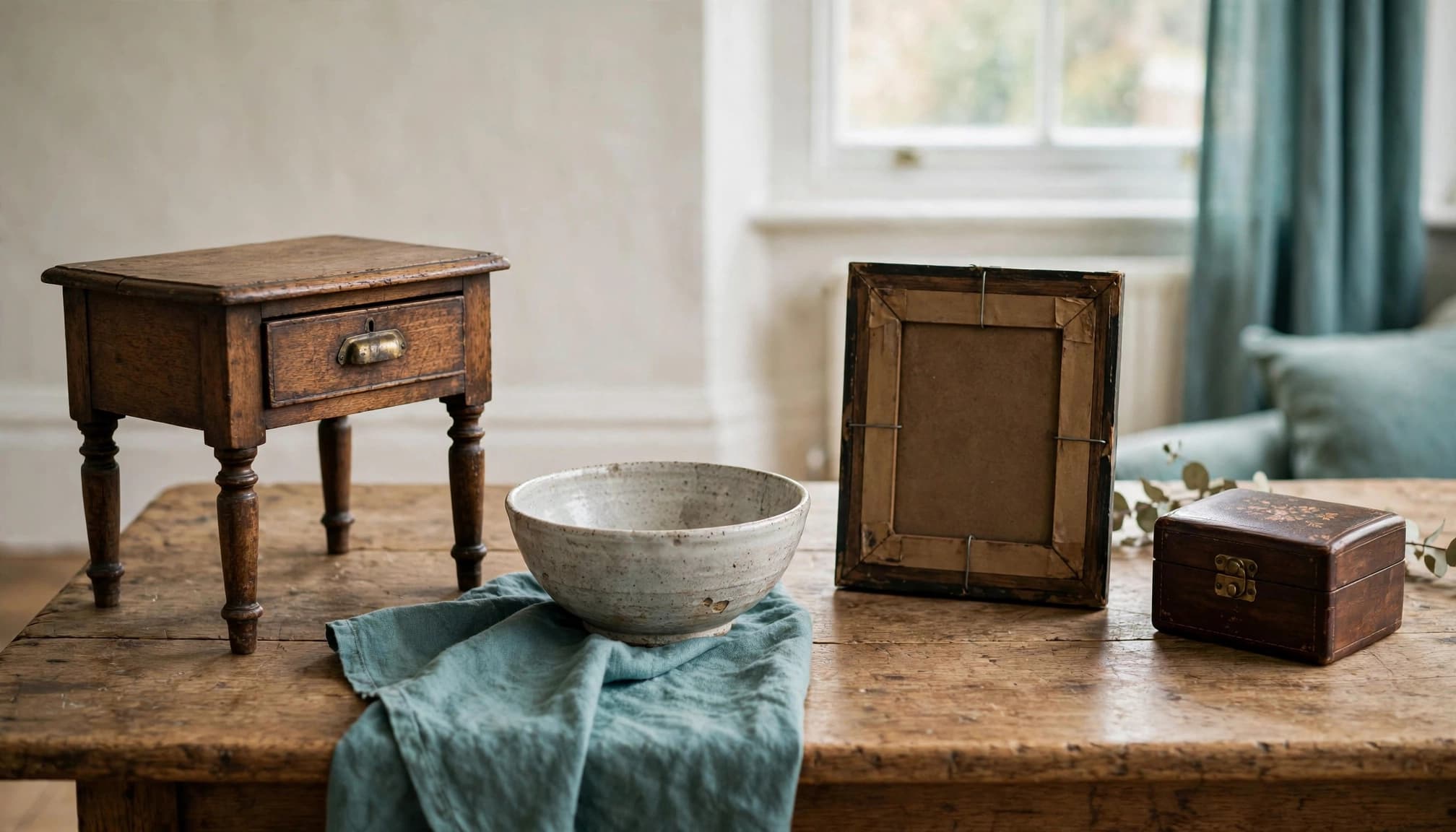 A wooden table displays a small antique side table, a ceramic bowl on cloth, a framed picture, and a jewelry box.