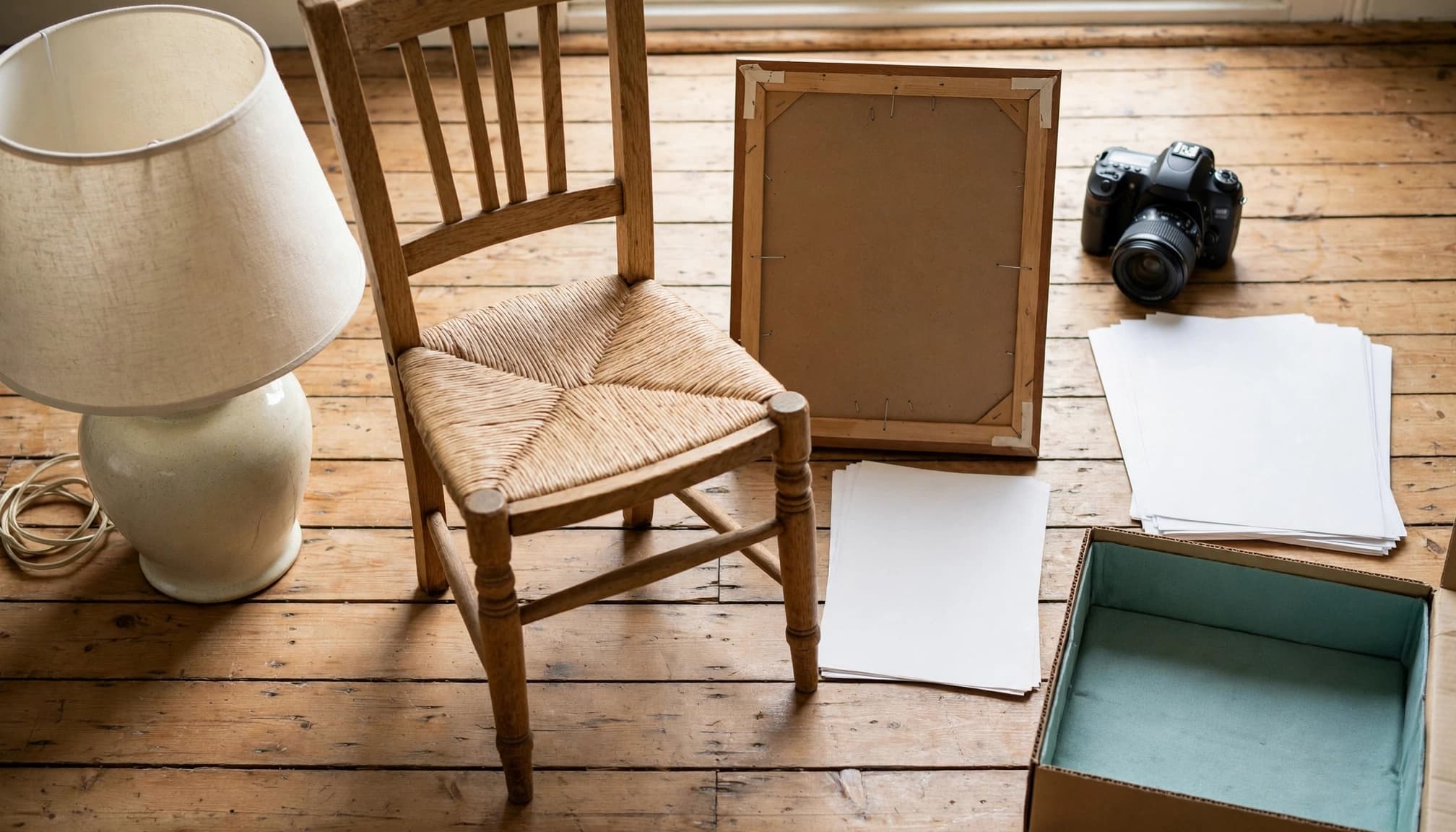 A lamp, wooden chair, framed artwork facing backward, camera, and blank papers on a wooden floor.