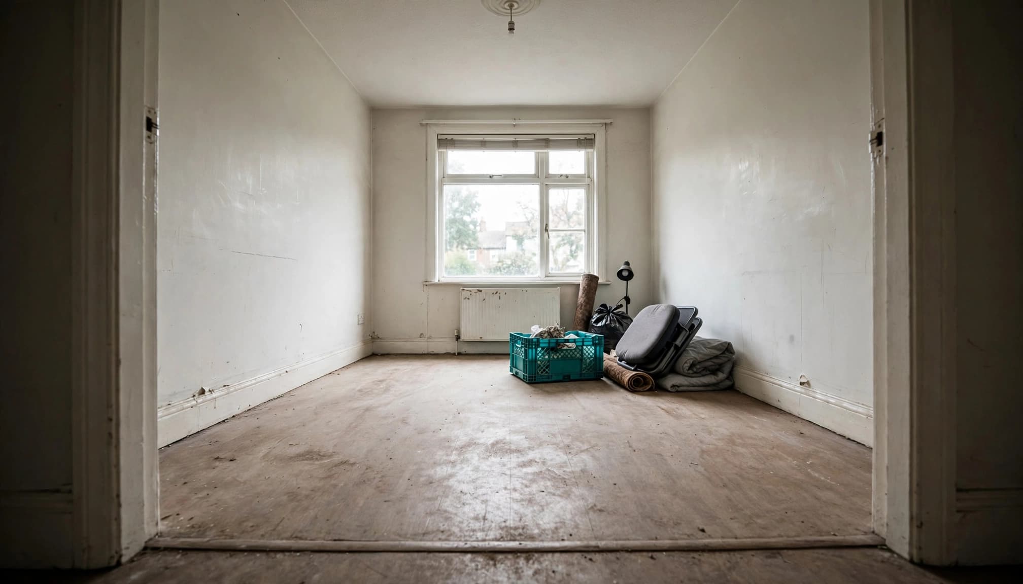 A vacant unfurnished room with a window, wooden floor, and a small pile of household items.