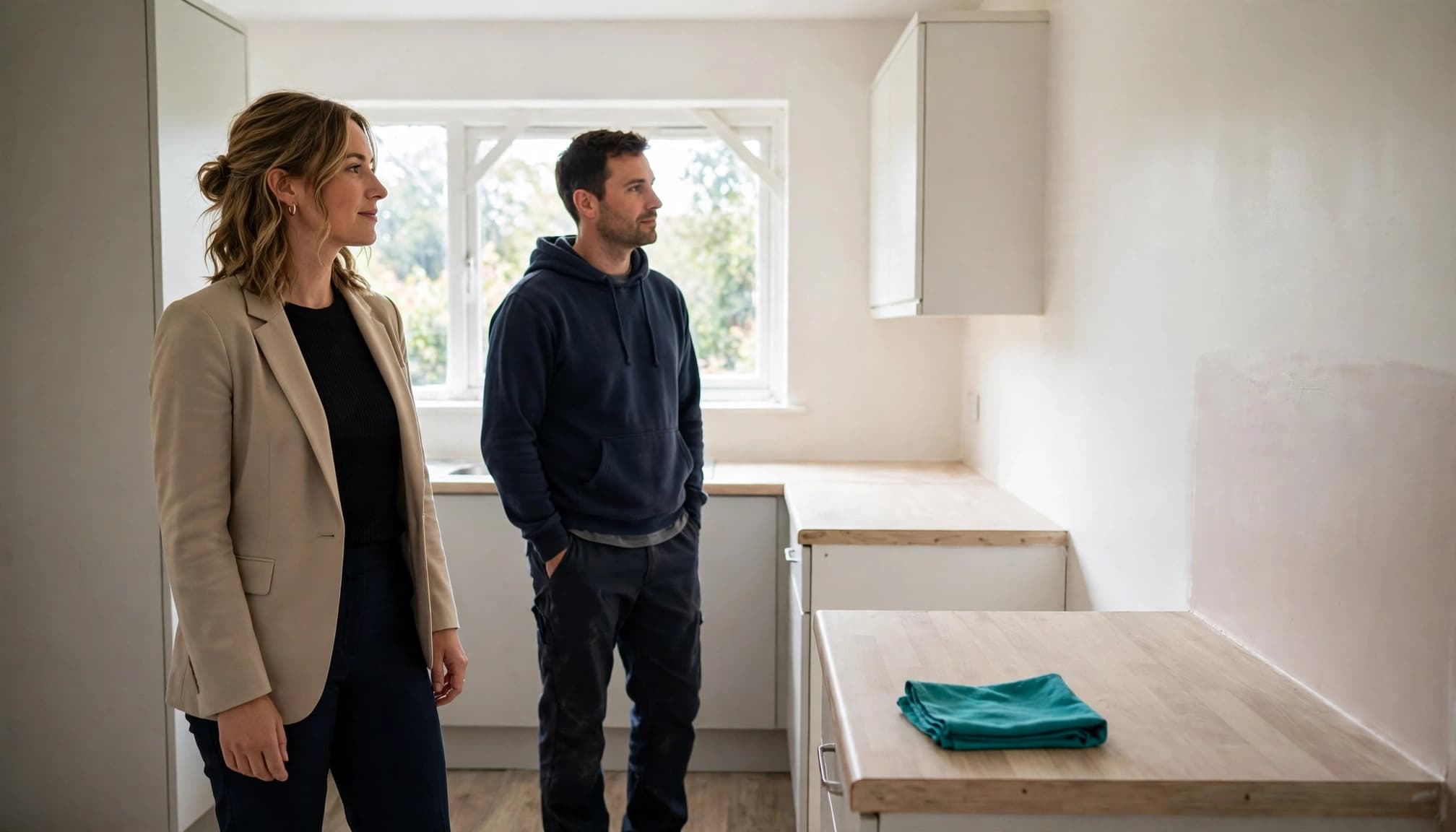 A man and woman stand in a freshly cleared kitchen, looking at a repaired wall.