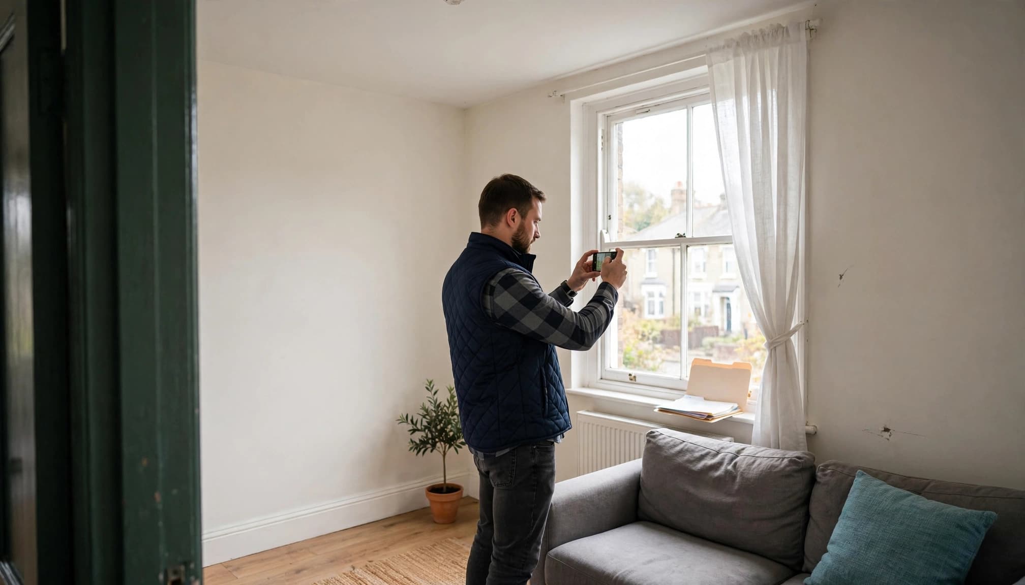 A landlord photographs a wall scuff in an empty living room.