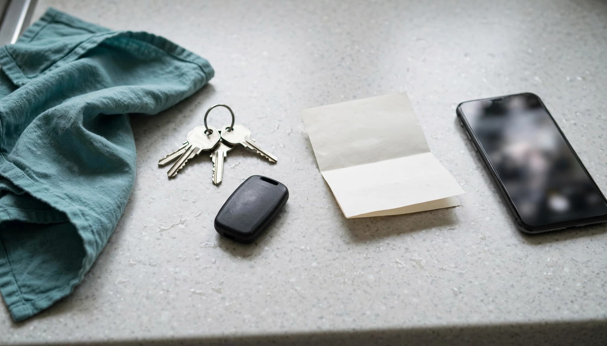 Keys, an access fob, a meter note, and a phone rest on a kitchen counter.