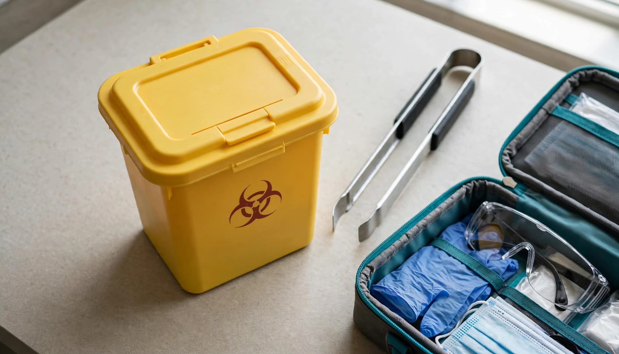 A yellow biohazard sharps container, litter tongs, and protective equipment in a teal case.