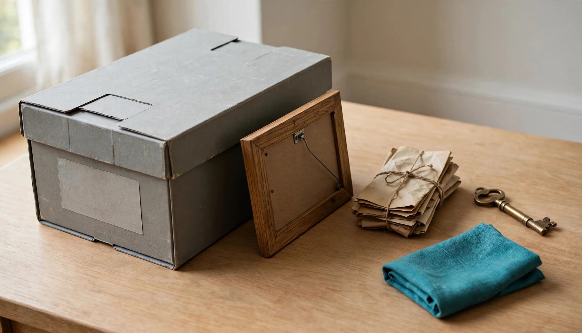 A gray archive box, a turned-away frame, tied letters, a key, and a teal cloth on a wooden table.