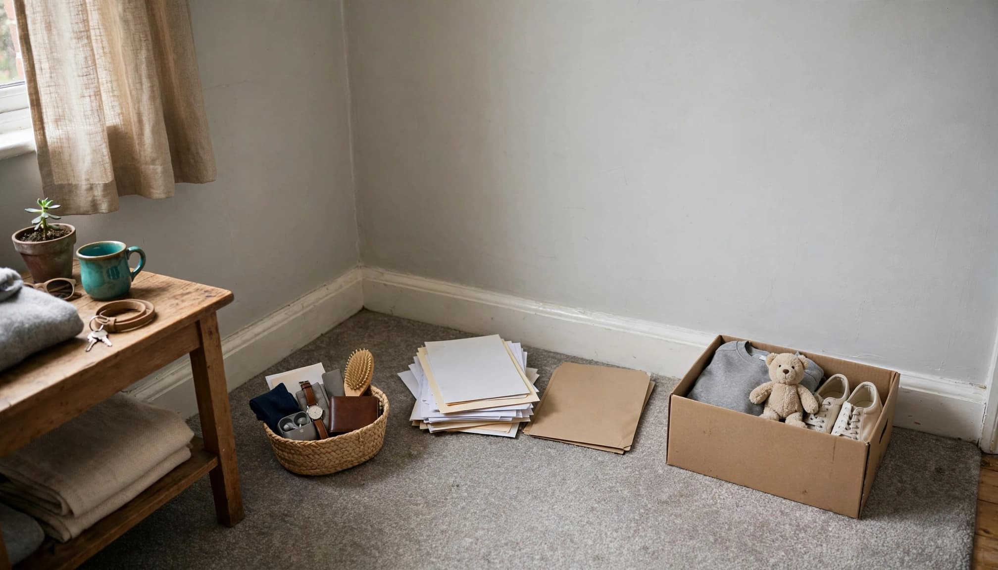 Belongings, papers, and donation items are arranged in separate groups in a living room corner.