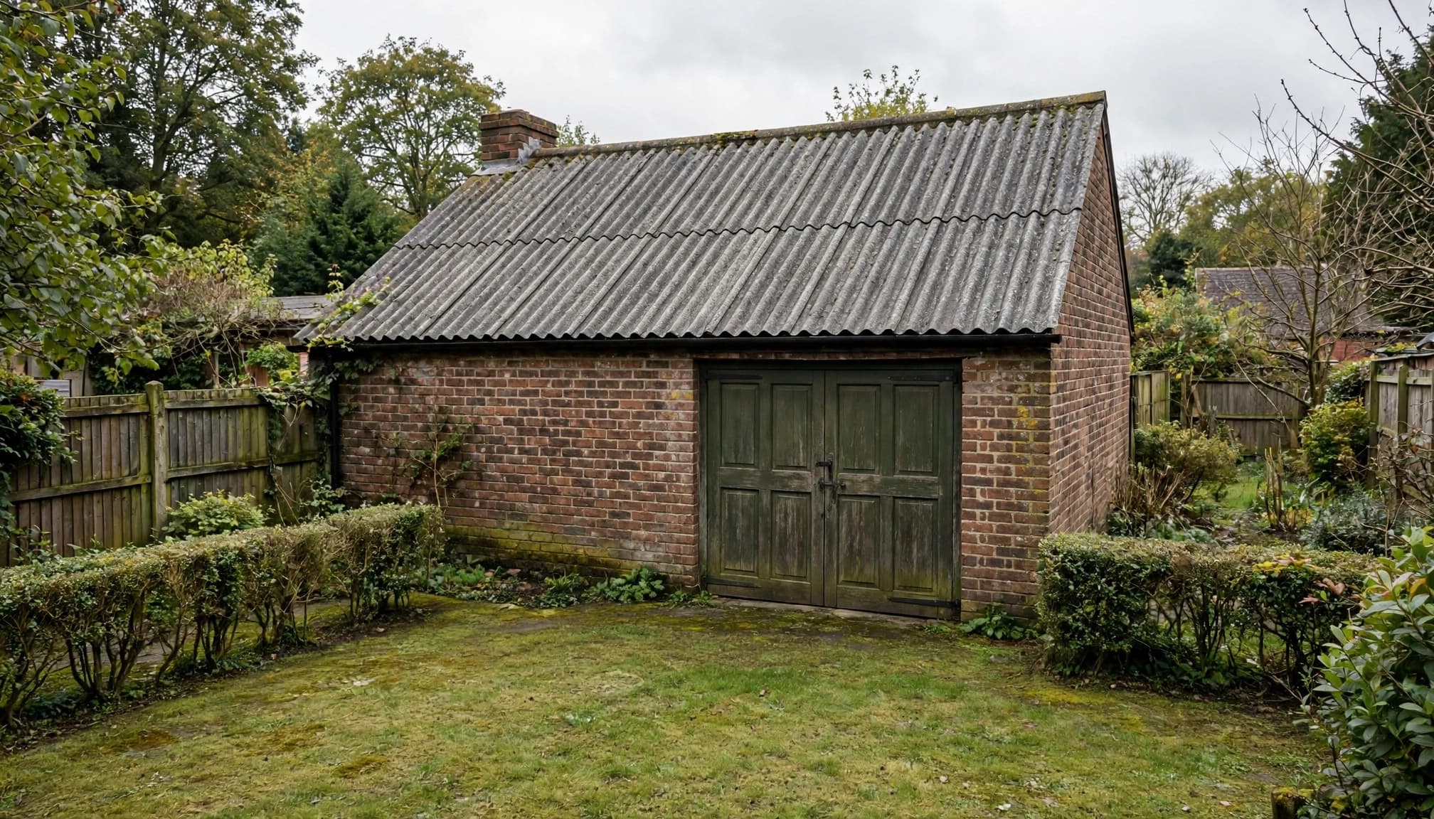 A detached brick garage with a corrugated roof in a quiet garden.