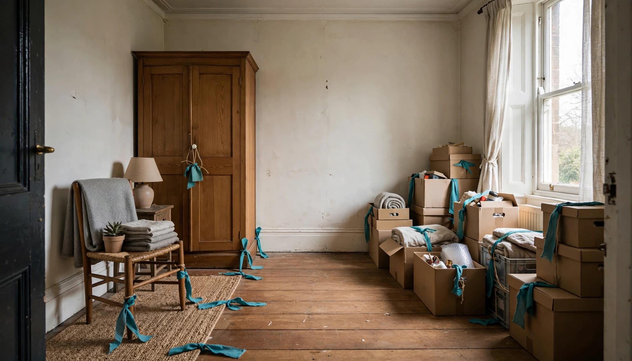Teal tags mark furniture and boxes in a tidy spare bedroom.