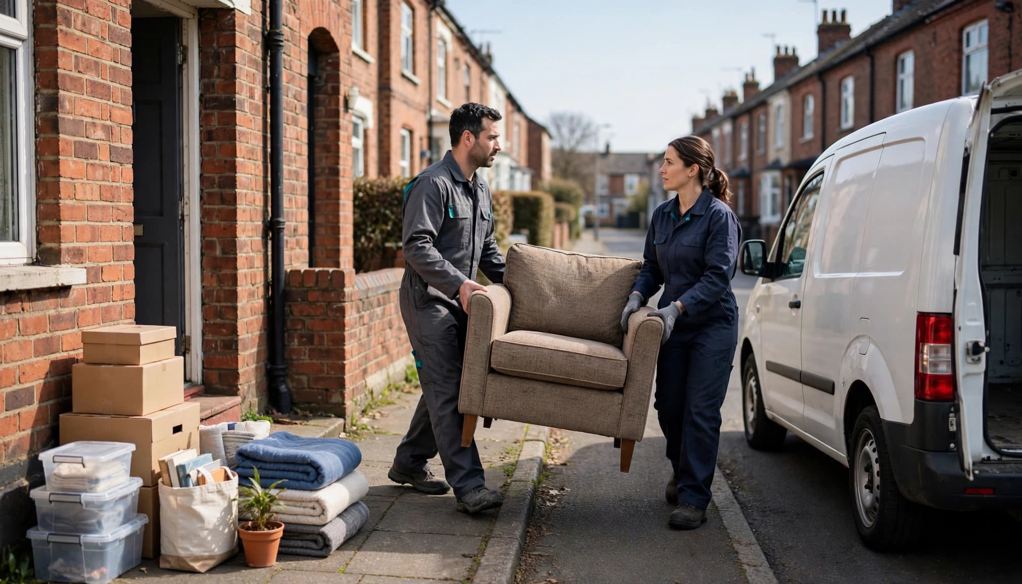 Two workers carry an armchair toward a van outside a brick terraced house.