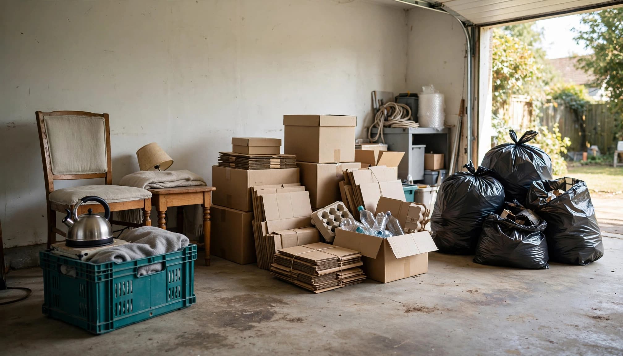 A garage interior with cardboard boxes, trash bags, a chair, and a teal crate.