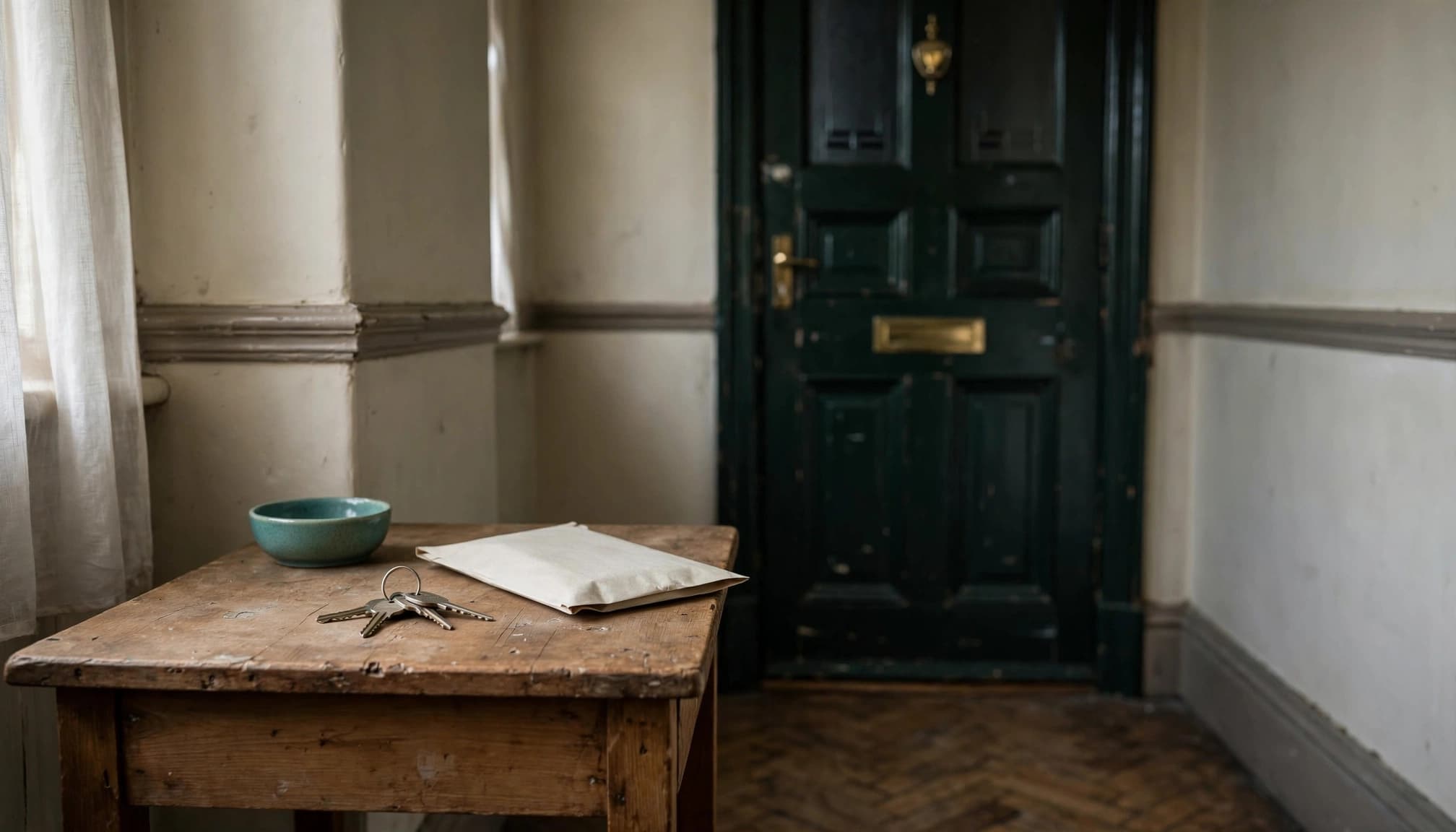 Keys and an unopened bill rest on a hallway table near a closed front door.