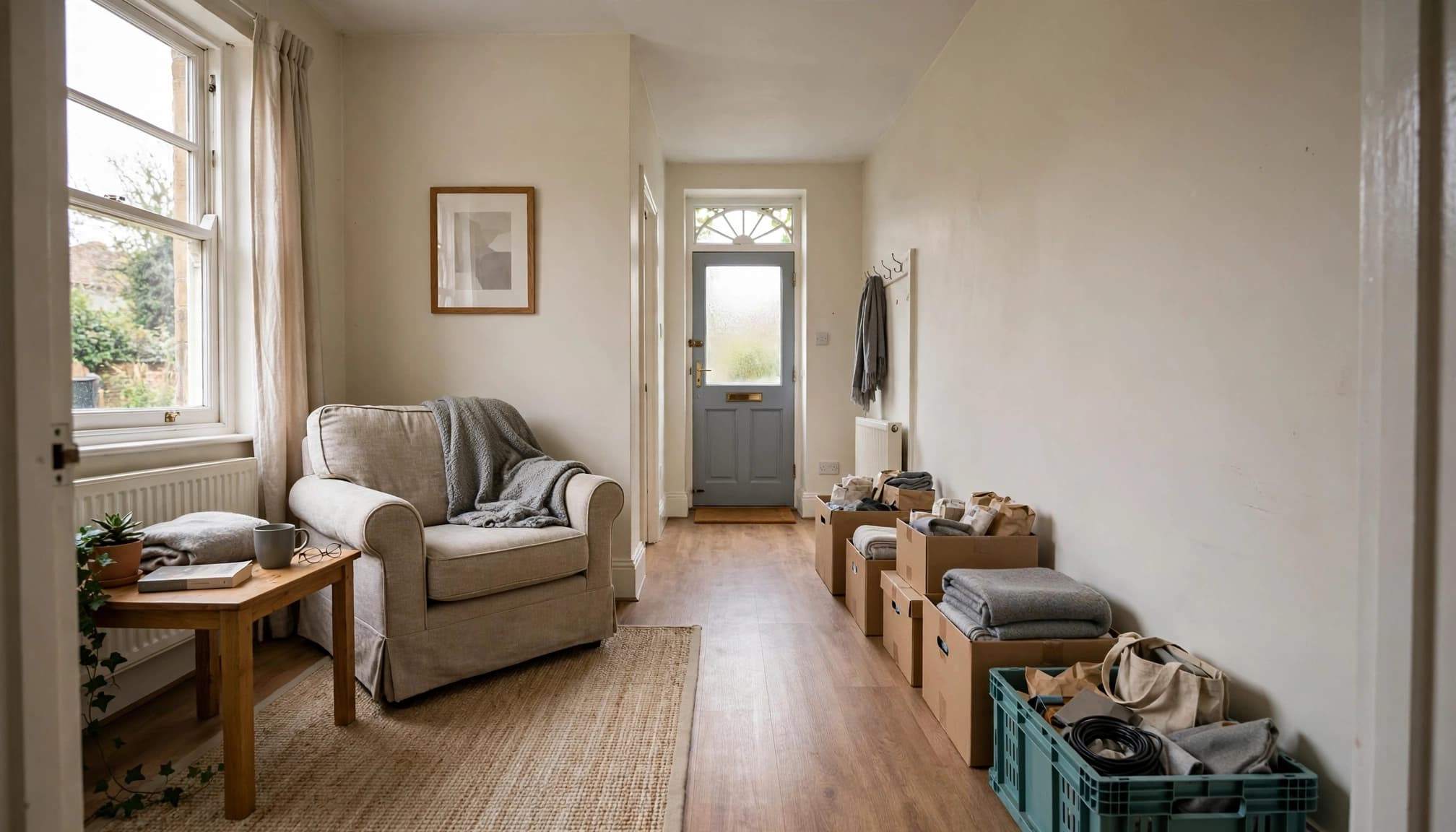 A tidy living room with an armchair, side table, and several sorted boxes lining the wall.