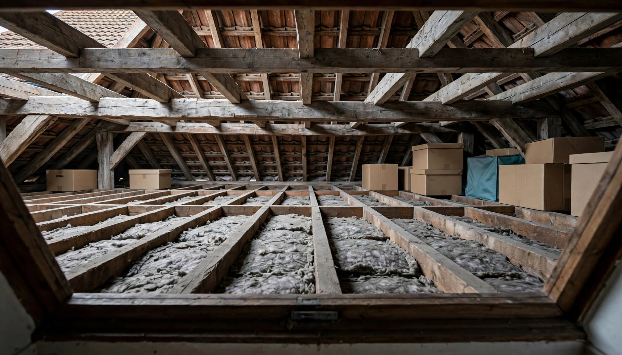 A quiet domestic loft showing wooden joists, fibrous insulation, and stacked cardboard boxes.