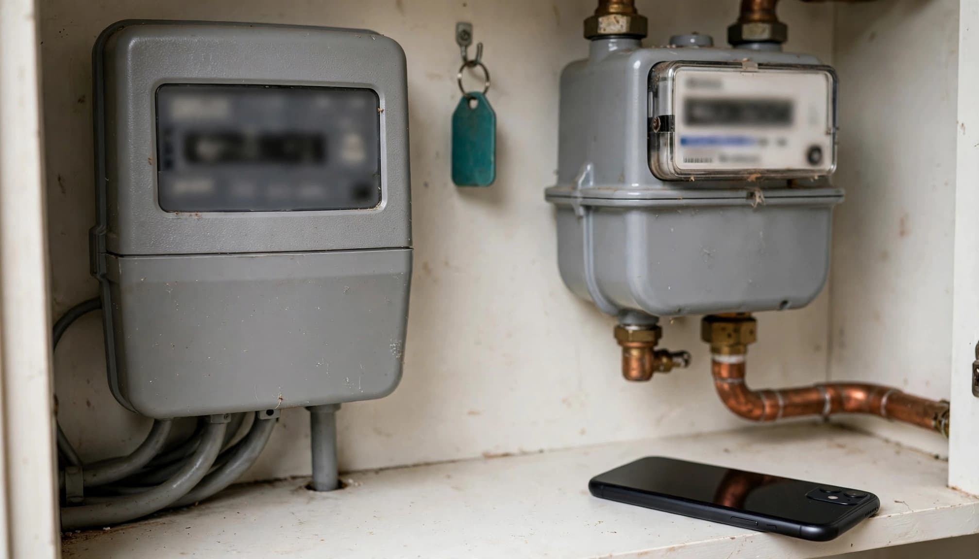 A phone sits beside electricity and gas meters in a clean utility cupboard.