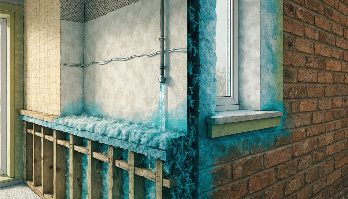 A cutaway diagram of a wall showing brickwork, insulation, a leaking pipe, and moisture.