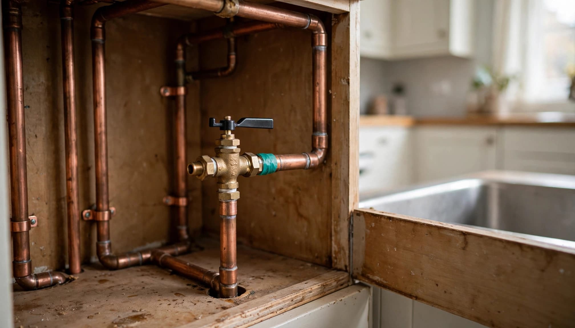 Copper water pipes and a stopcock valve inside an open wooden under-sink cupboard.