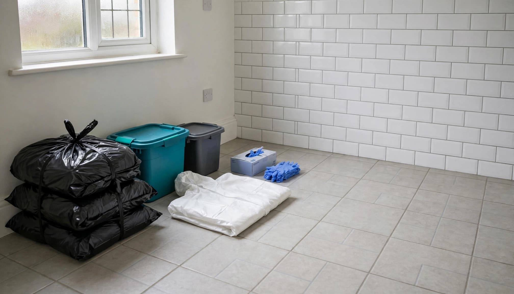 Protective coveralls, sealed waste bags, bins and gloves laid out on a tiled utility room floor.
