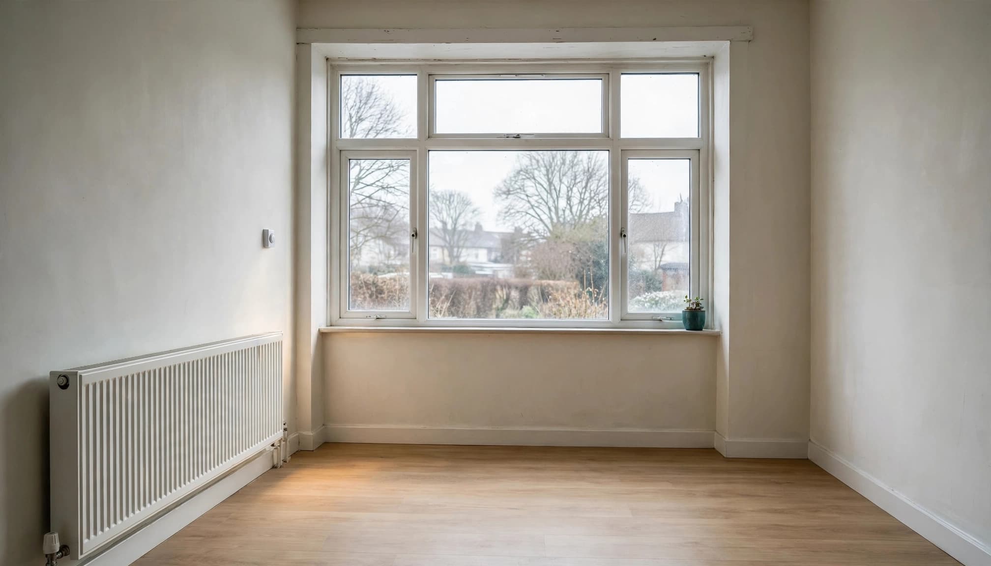A bright, empty room with a large window, a white radiator on the left wall, and a small plant on the sill.