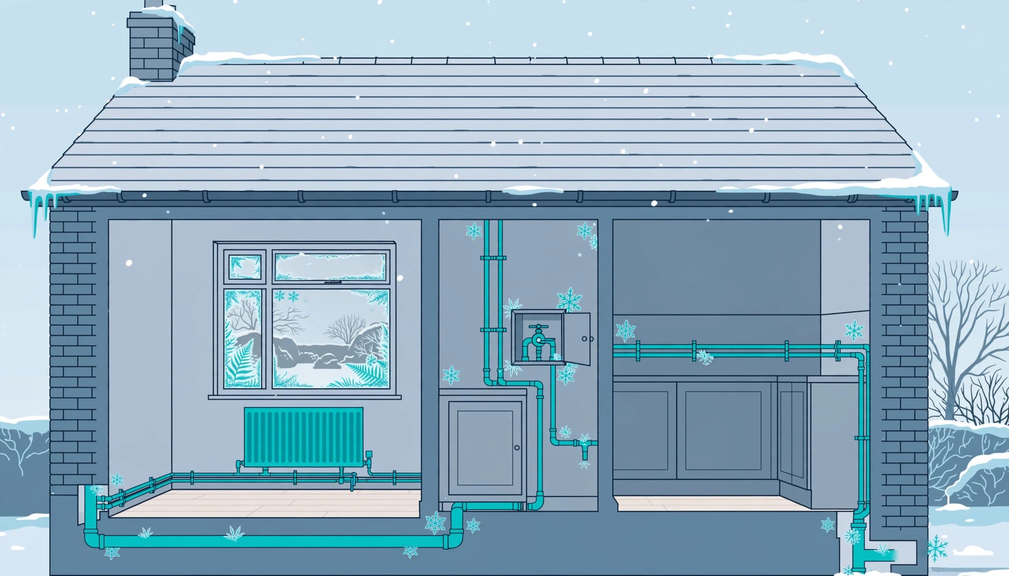 A snowy empty house cutaway showing a radiator, water pipe, and closed stopcock.